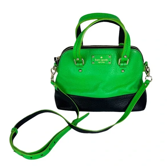 ate Spade Grove Court Stripe Maise Satchel Crossbody Leather Bag Green Navy - Picture 3 of 12